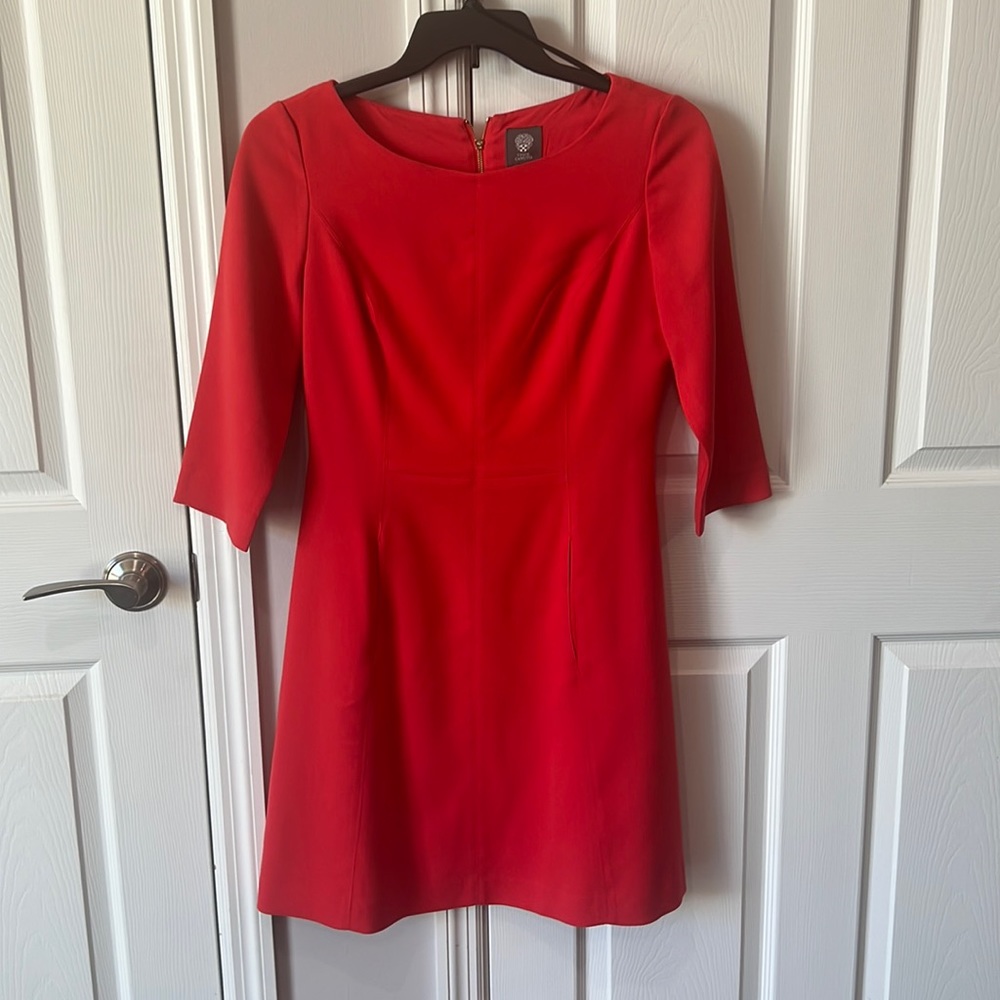 Cherry red boat neck a-line knee-length 3/4 sleeve dress